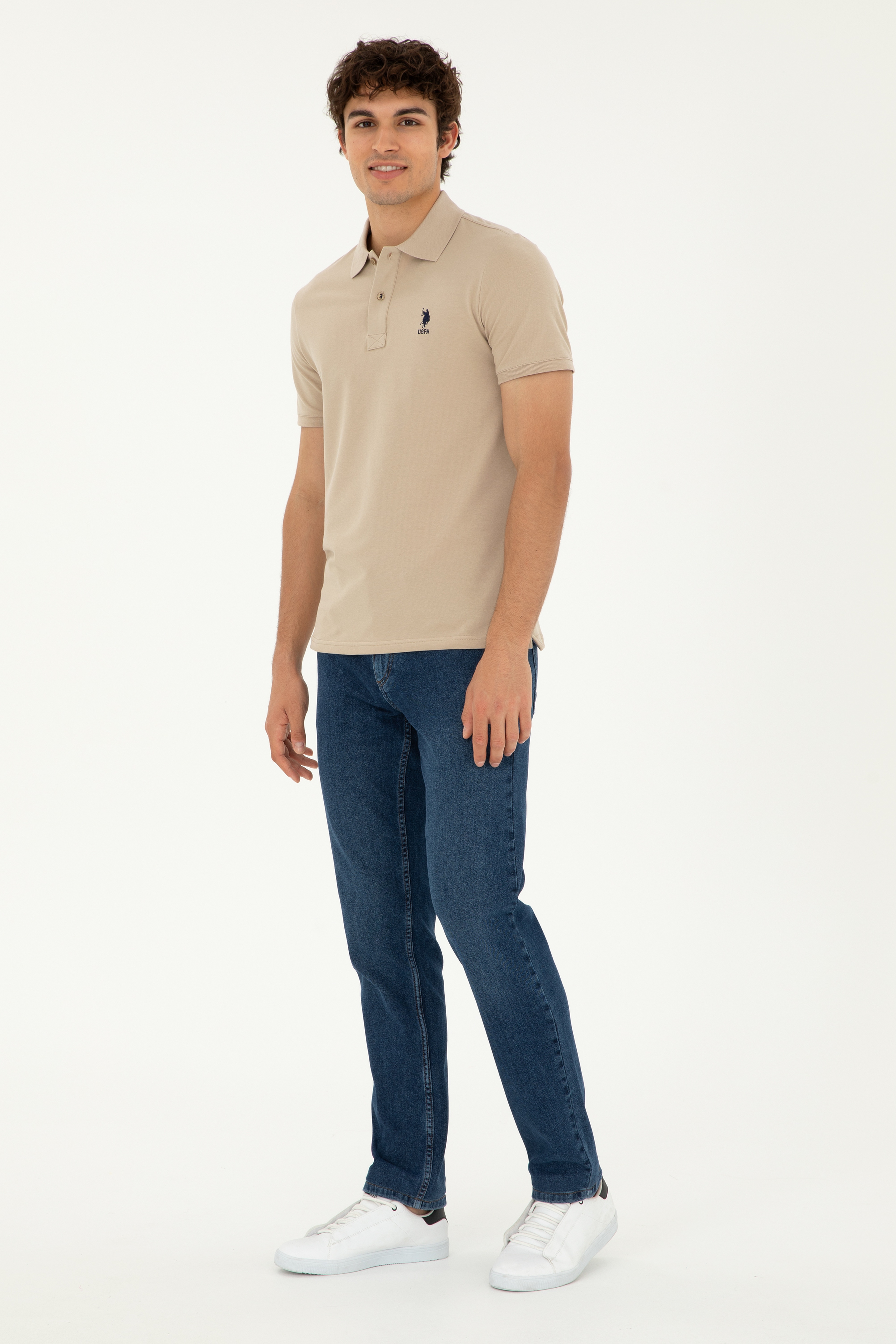 Erkek Slim Fit Polo Yaka Açık Haki Basic Tişört - Image 4