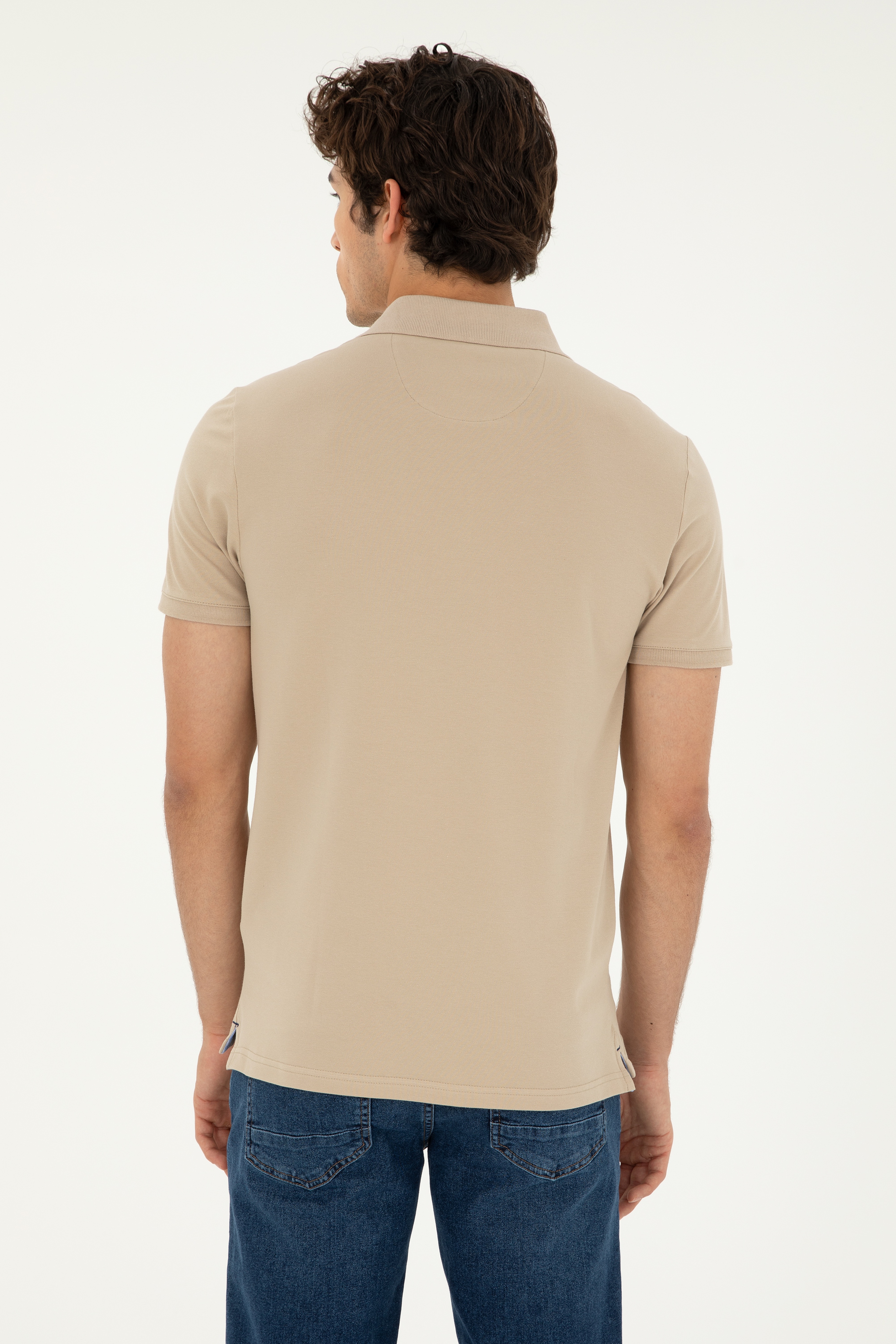 Erkek Slim Fit Polo Yaka Açık Haki Basic Tişört - Image 5