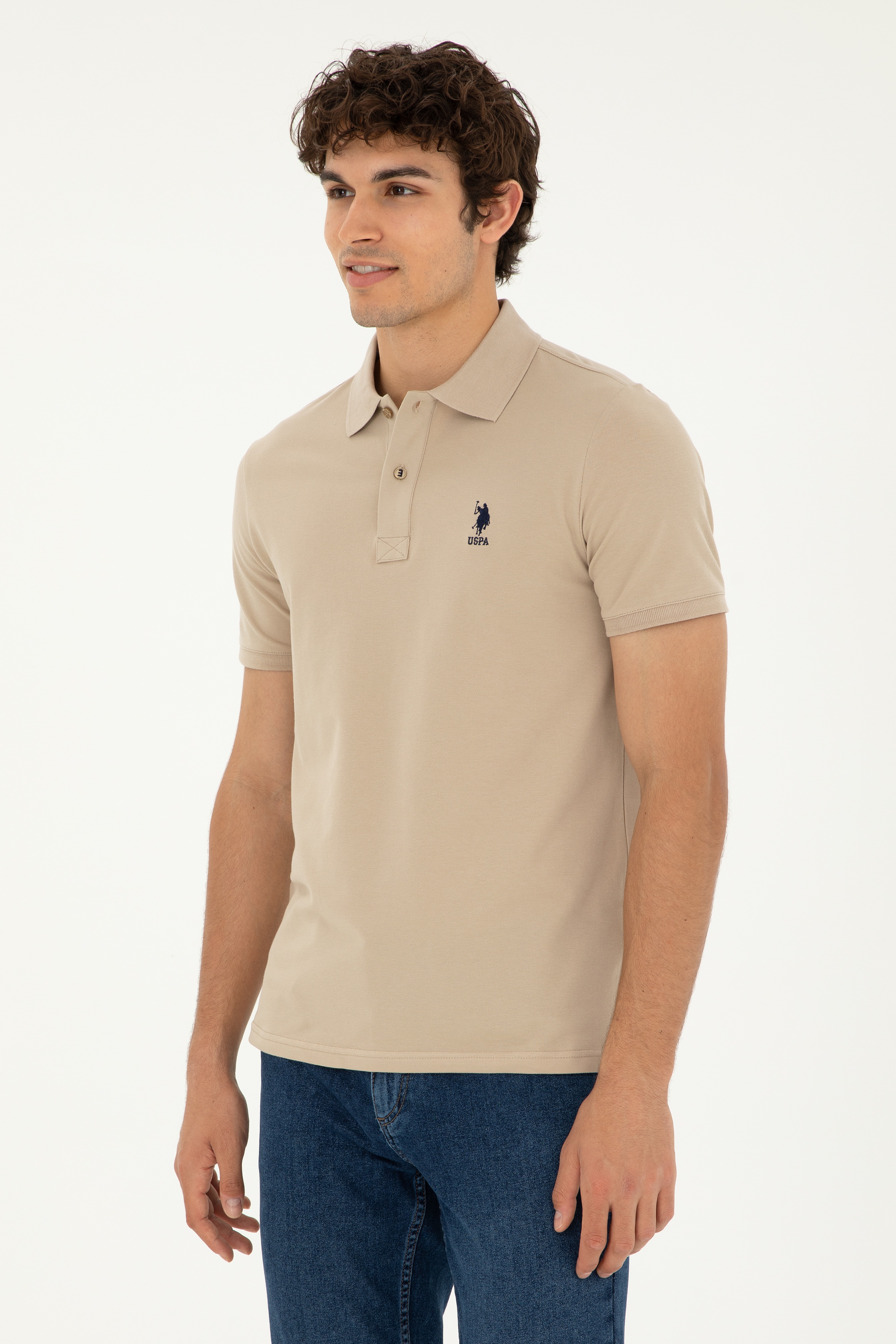 Erkek Slim Fit Polo Yaka Açık Haki Basic Tişört - Image 1