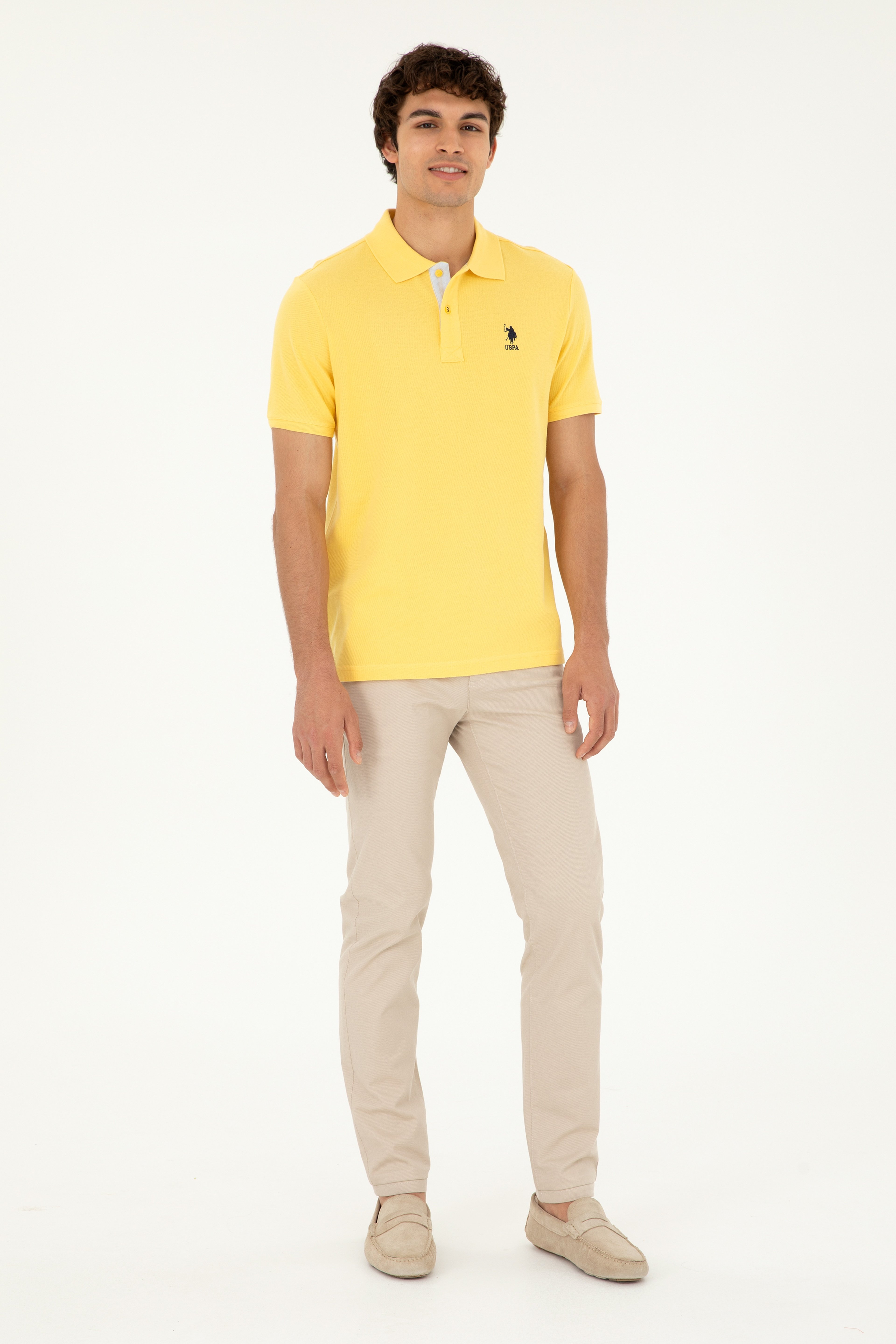 Erkek Regular Fit Polo Yaka Sarı Basic Tişört