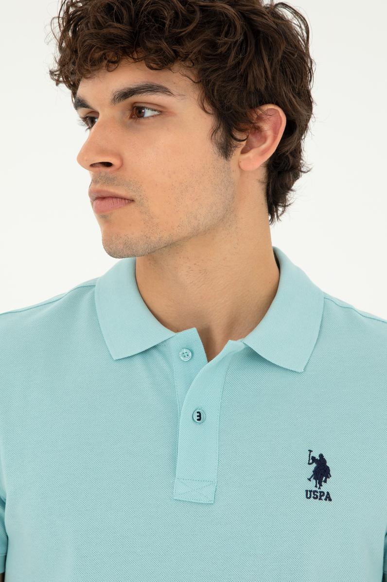 Erkek Slim Fit Polo Yaka Su Yeşili Basic Tişört