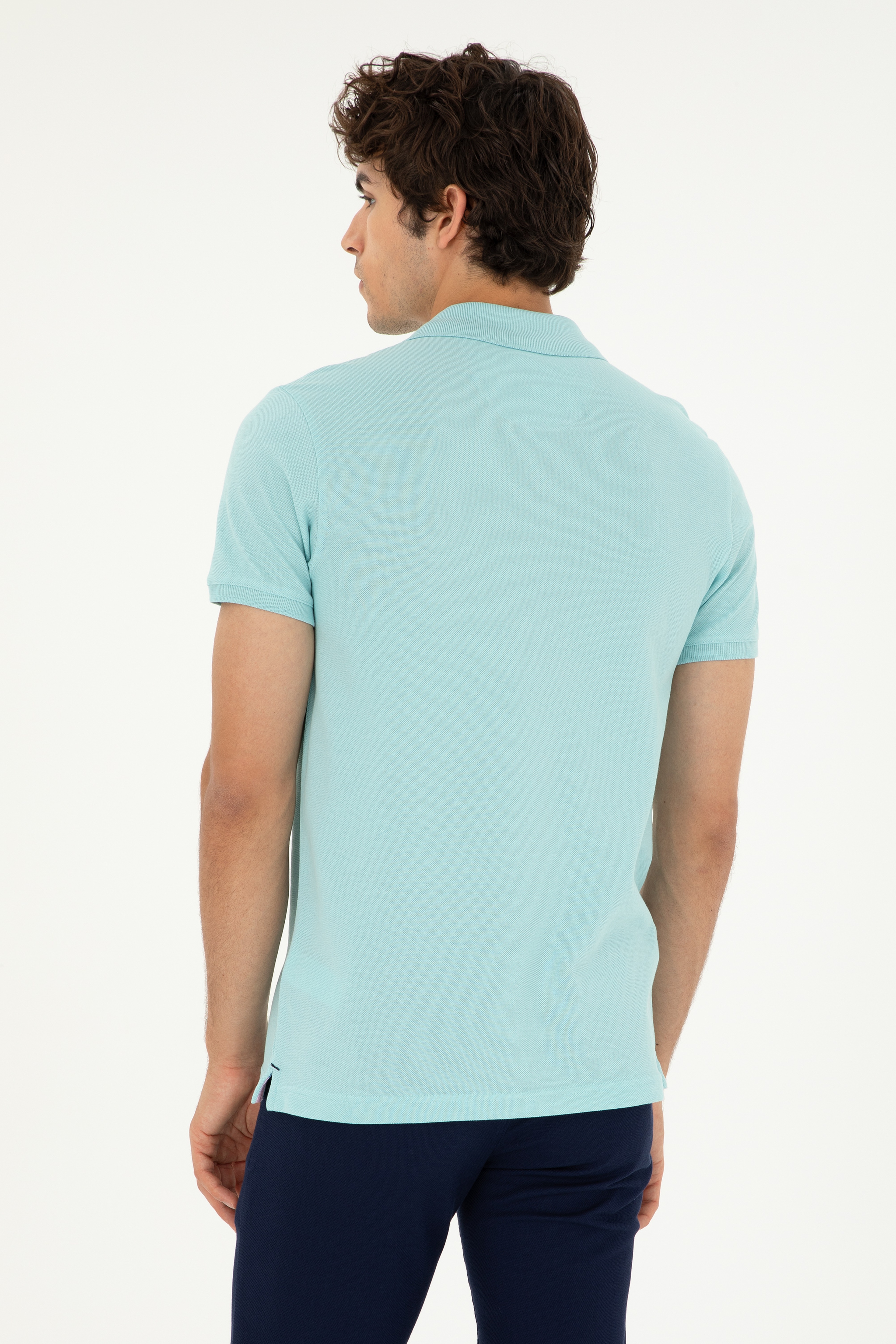 Erkek Slim Fit Polo Yaka Su Yeşili Basic Tişört