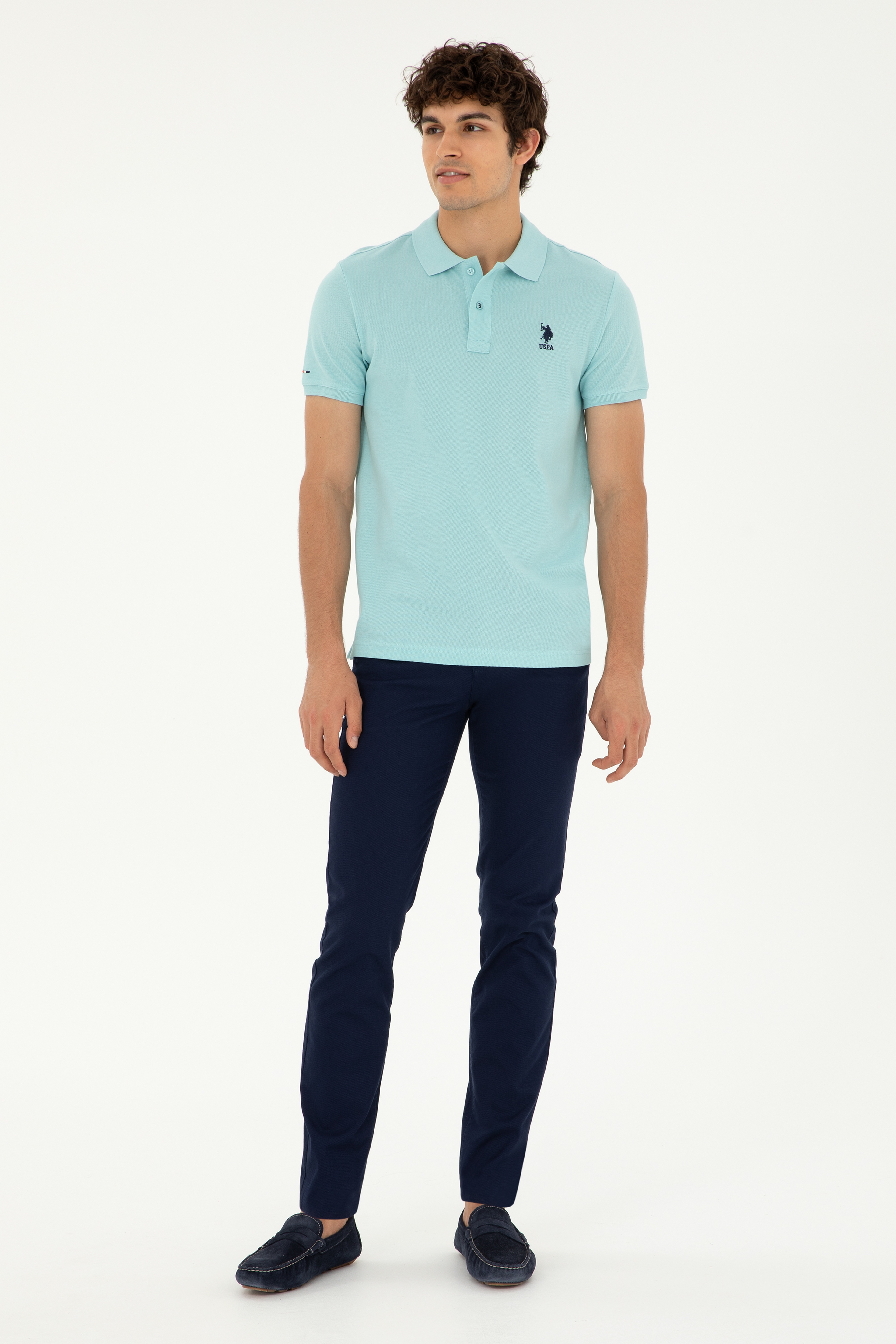Erkek Slim Fit Polo Yaka Su Yeşili Basic Tişört