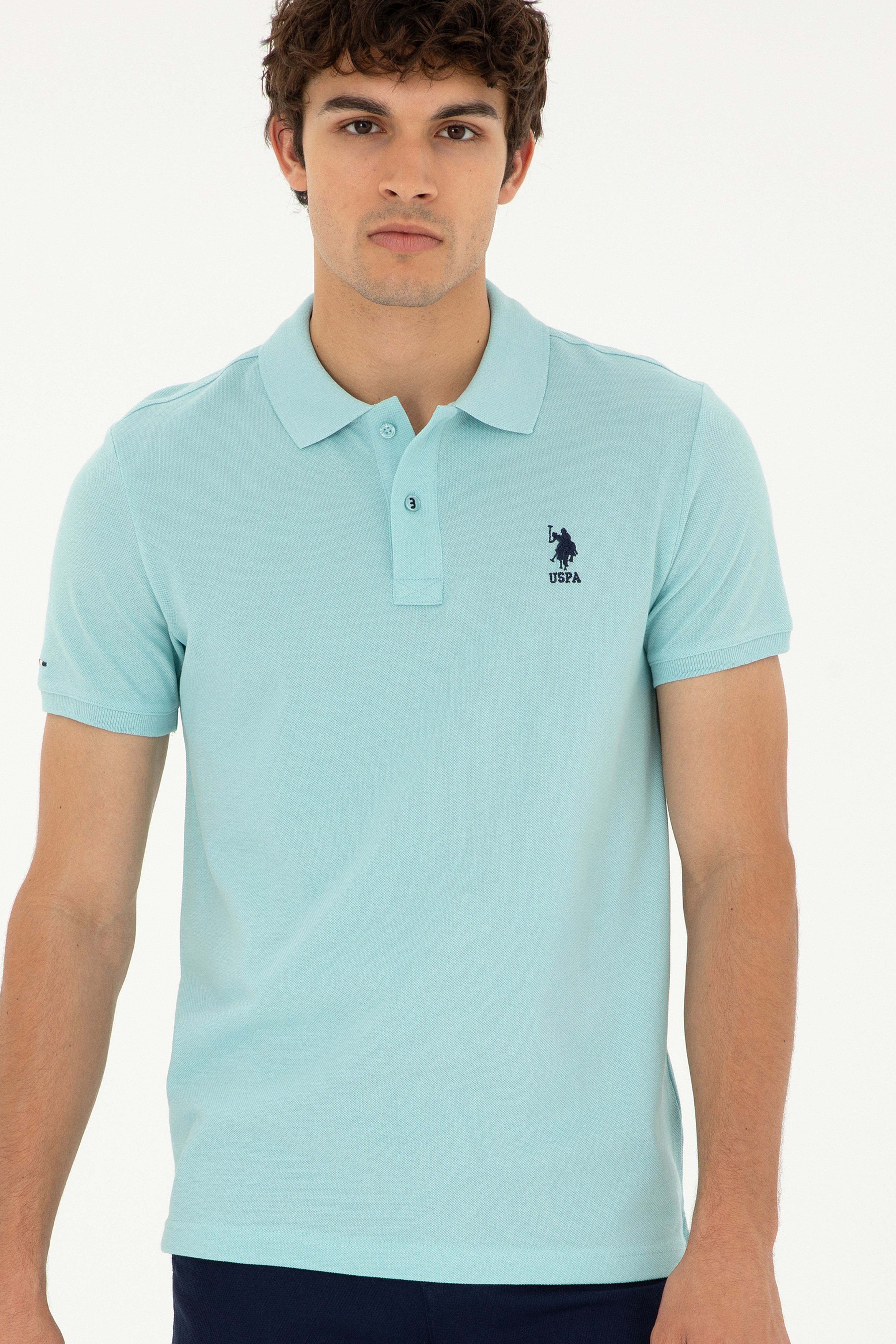 Erkek Slim Fit Polo Yaka Su Yeşili Basic Tişört