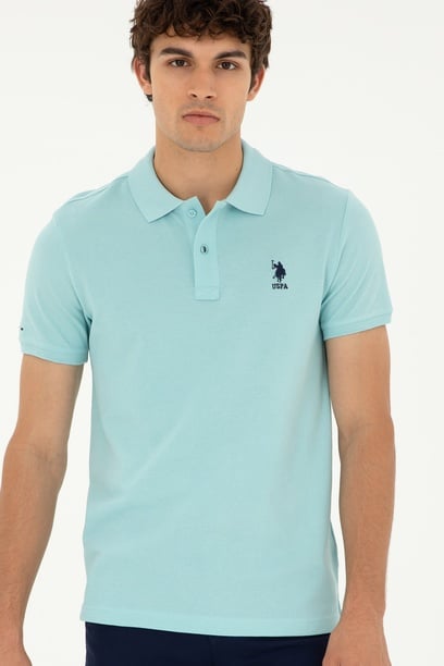 Erkek Slim Fit Polo Yaka Su Yeşili Basic Tişört