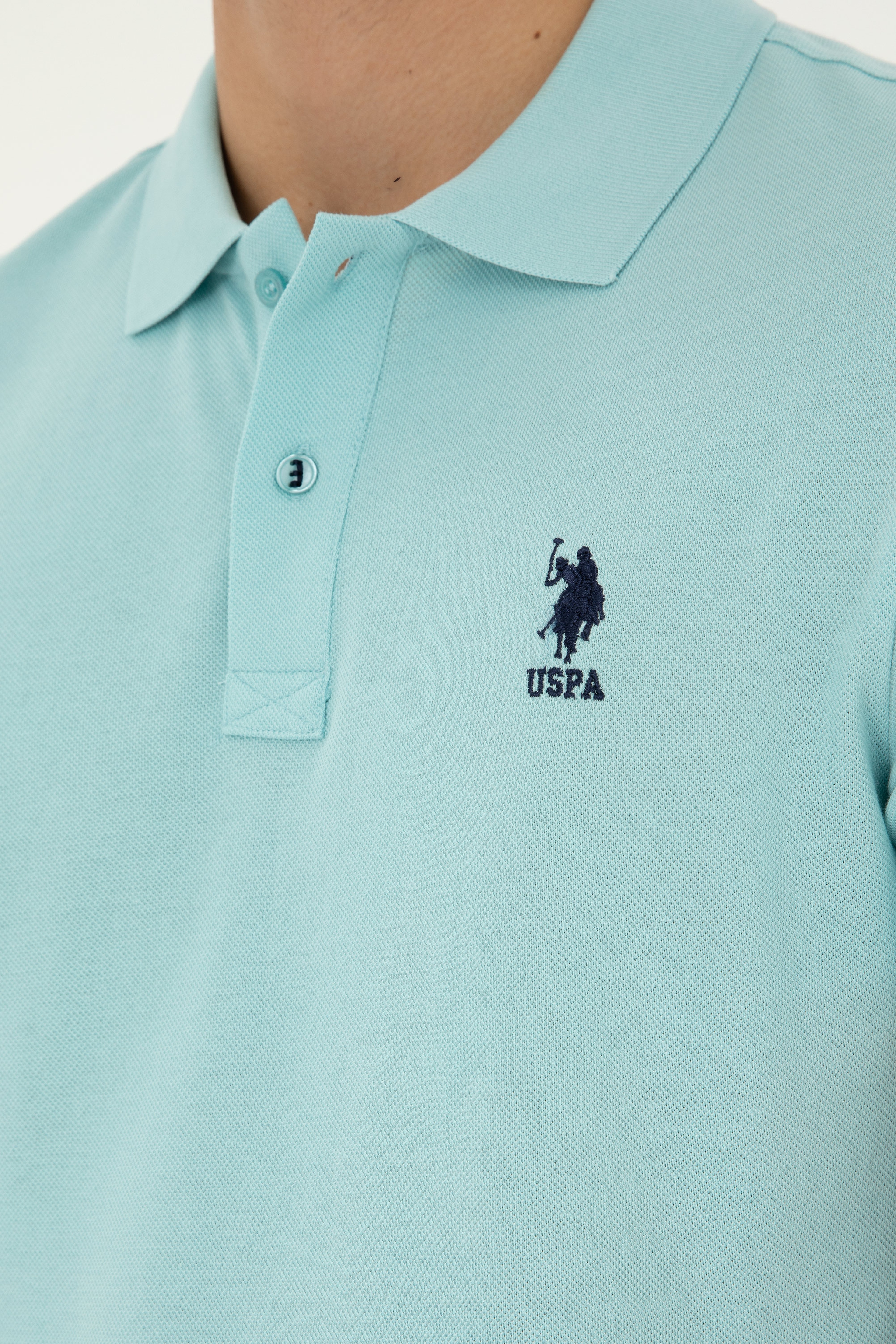 Erkek Slim Fit Polo Yaka Su Yeşili Basic Tişört - Image 7