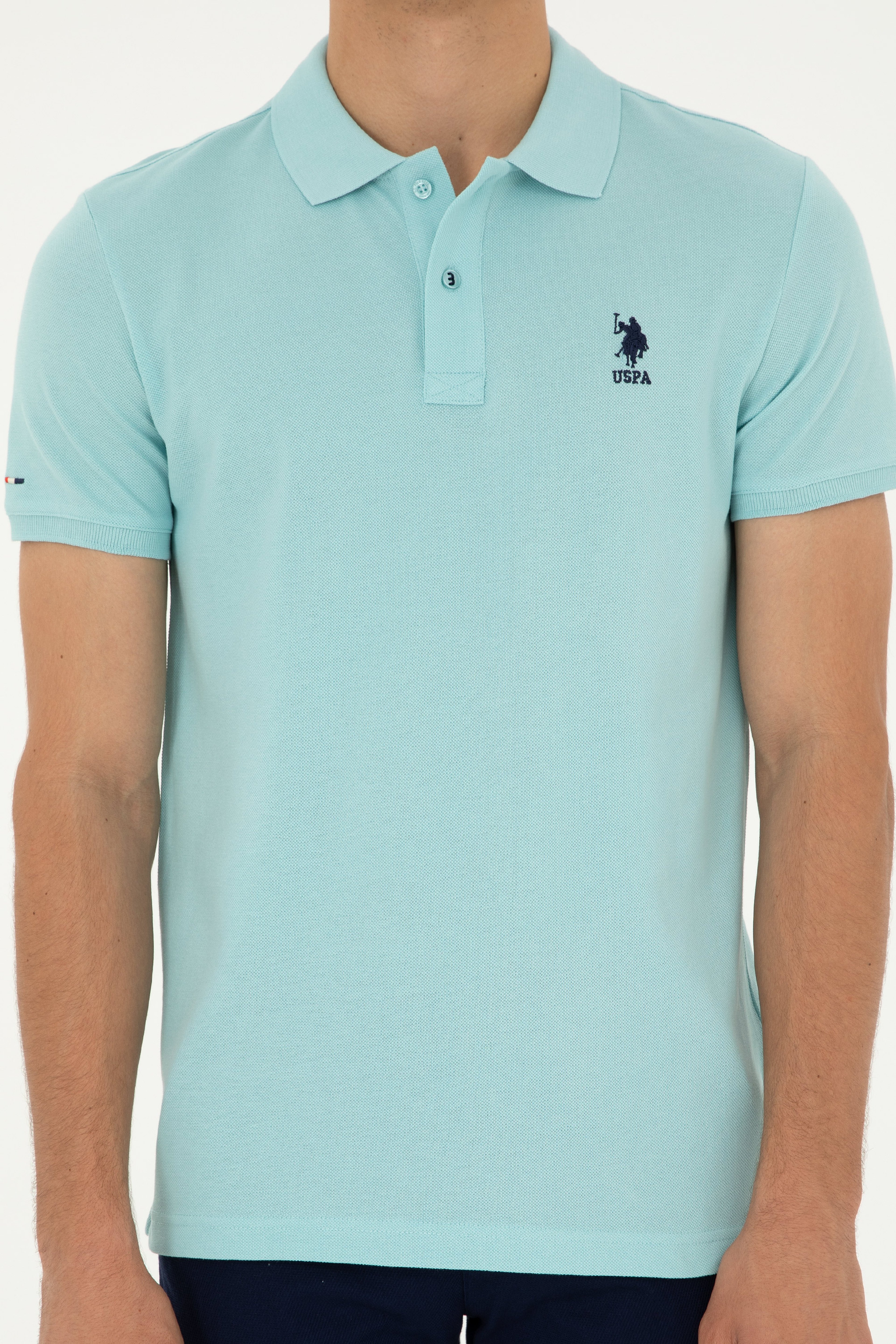 Erkek Slim Fit Polo Yaka Su Yeşili Basic Tişört - Image 6
