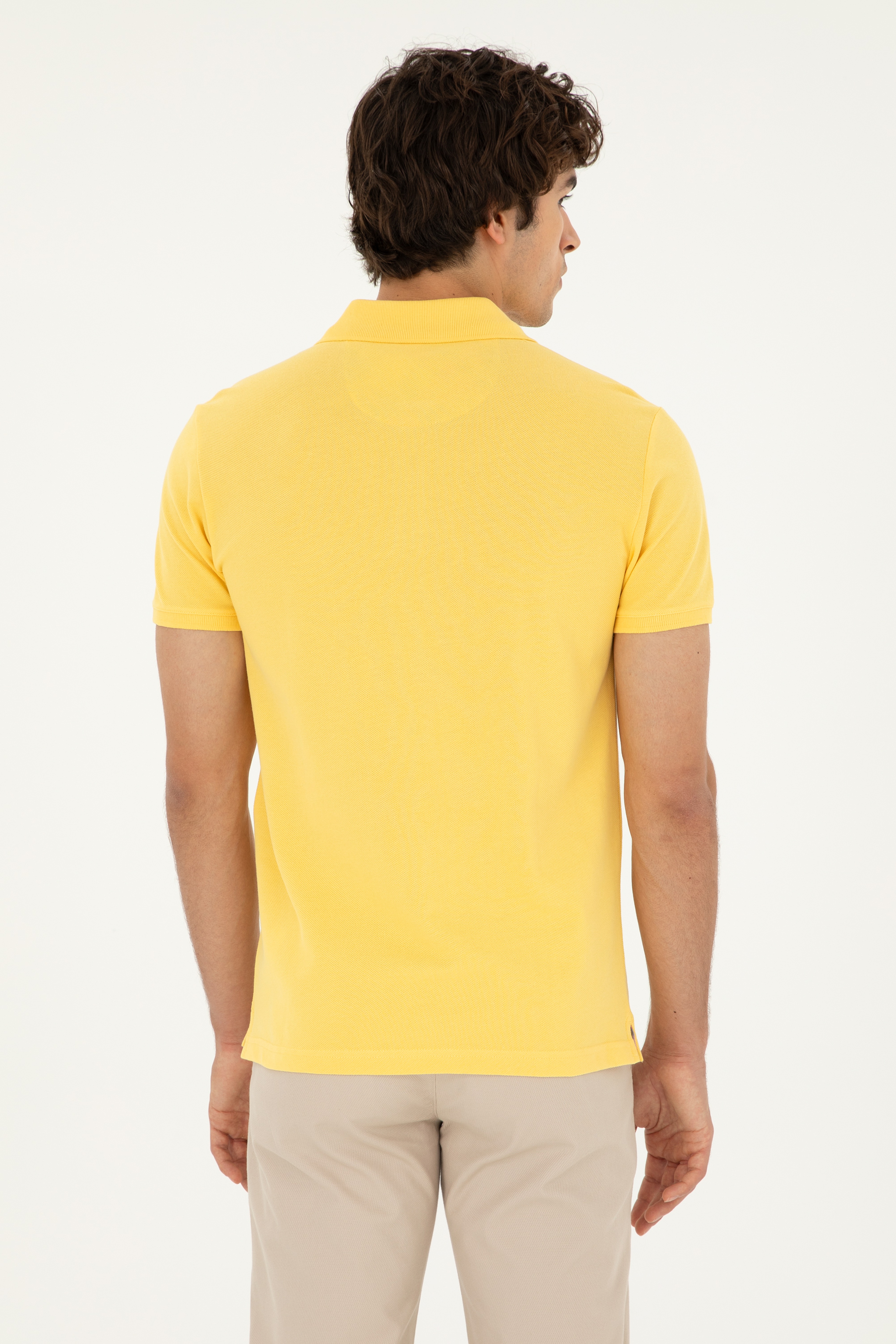 Erkek Slim Fit Polo Yaka Sarı Basic Tişört