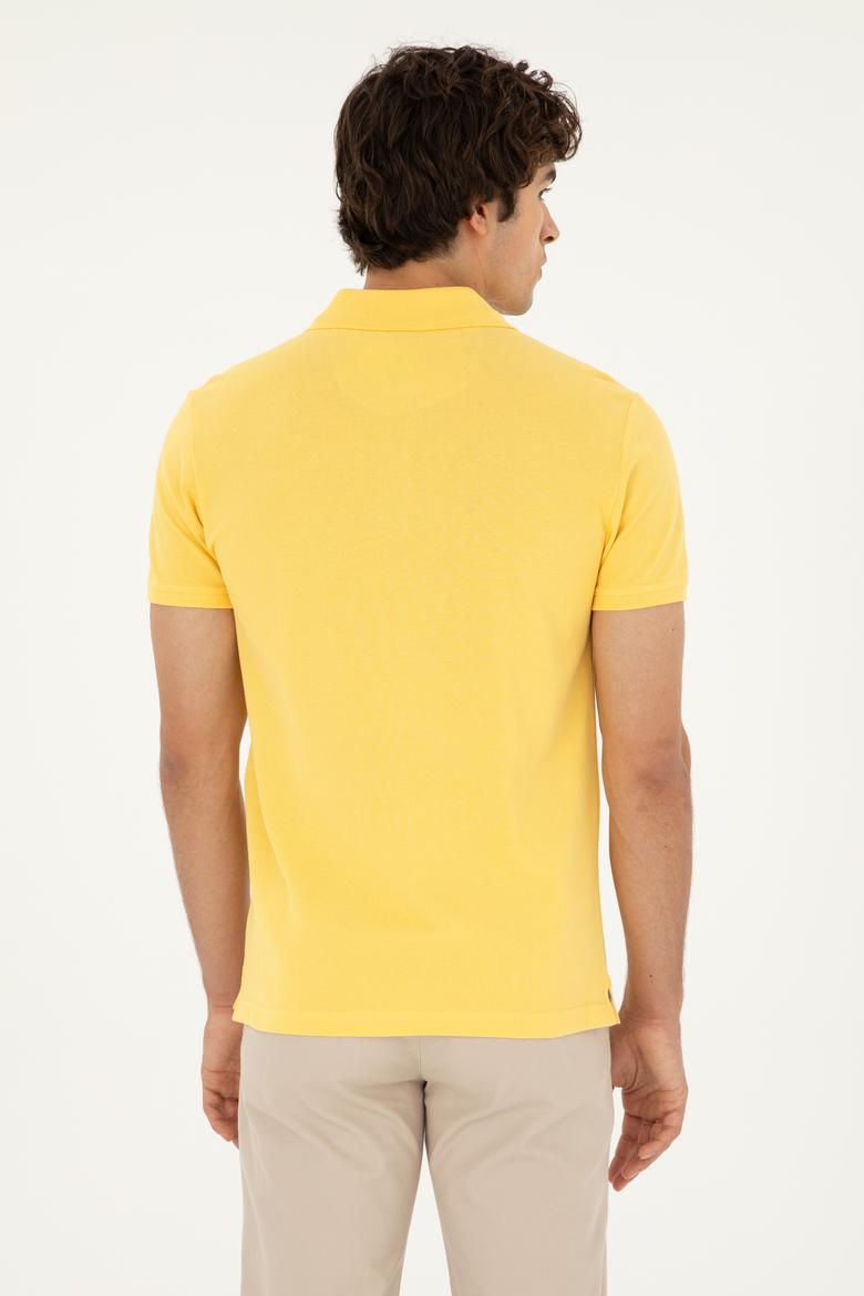 Erkek Slim Fit Polo Yaka Sarı Basic Tişört - 50279613177