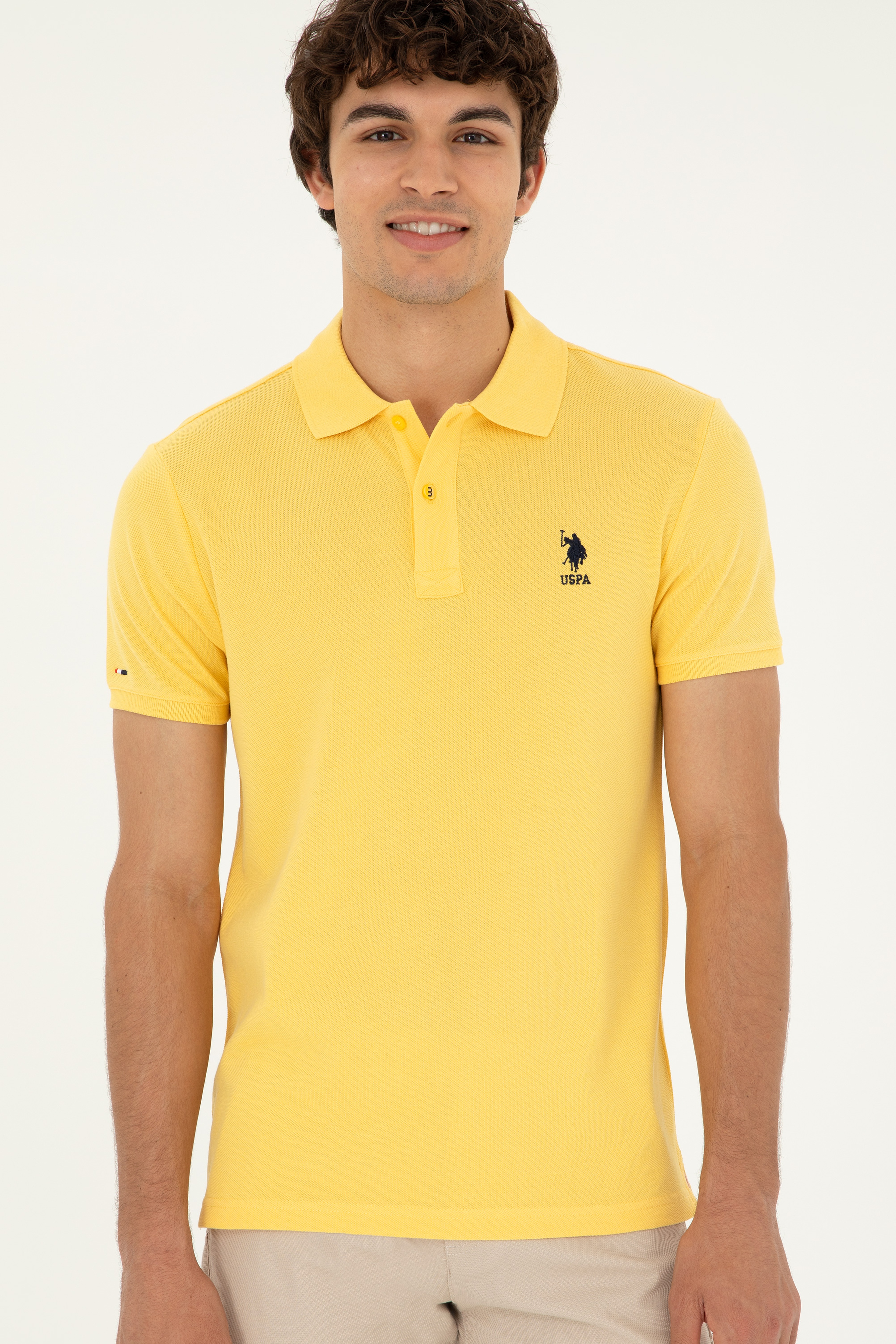Erkek Slim Fit Polo Yaka Sarı Basic Tişört - Image 3