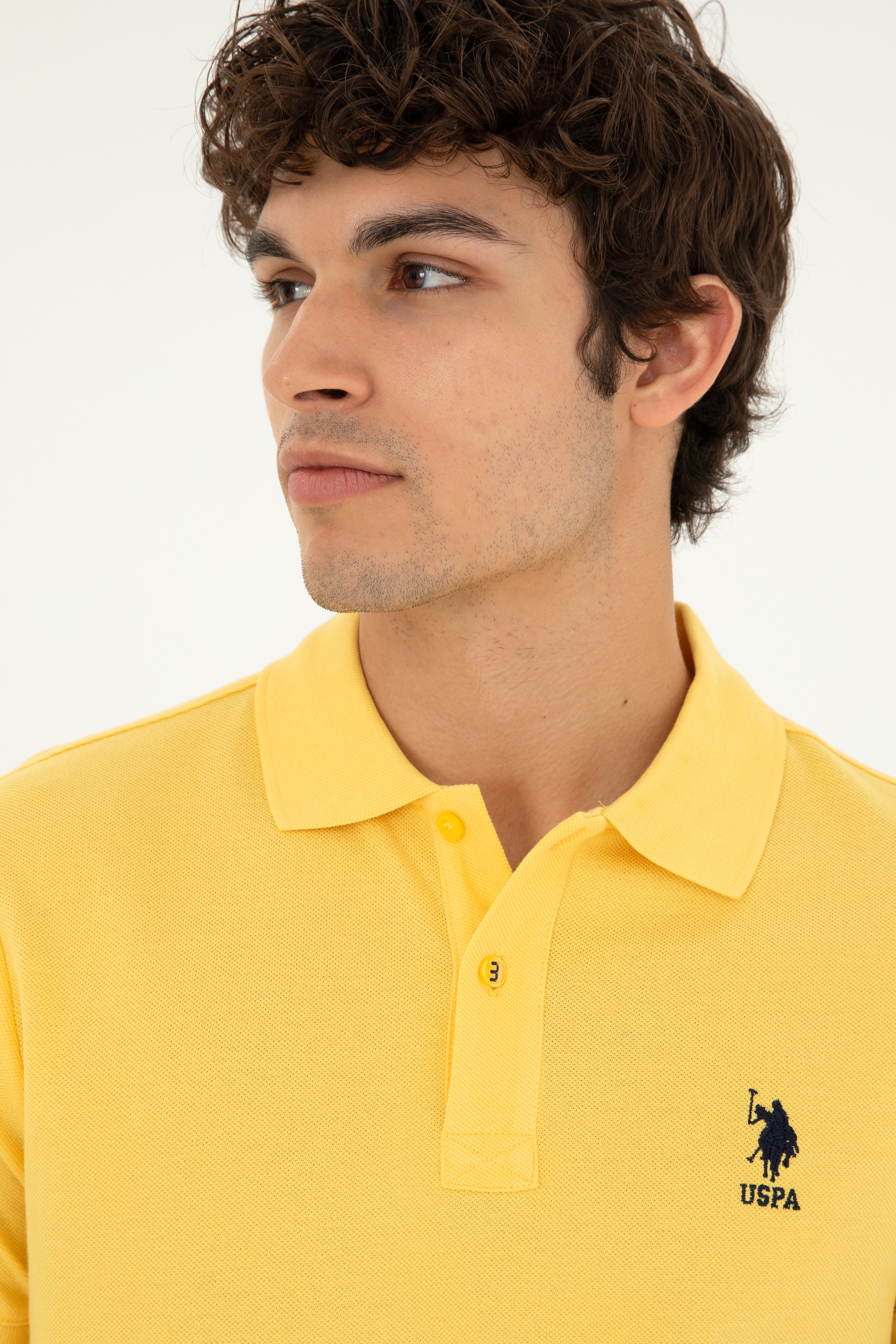 Erkek Slim Fit Polo Yaka Sarı Basic Tişört - Image 2