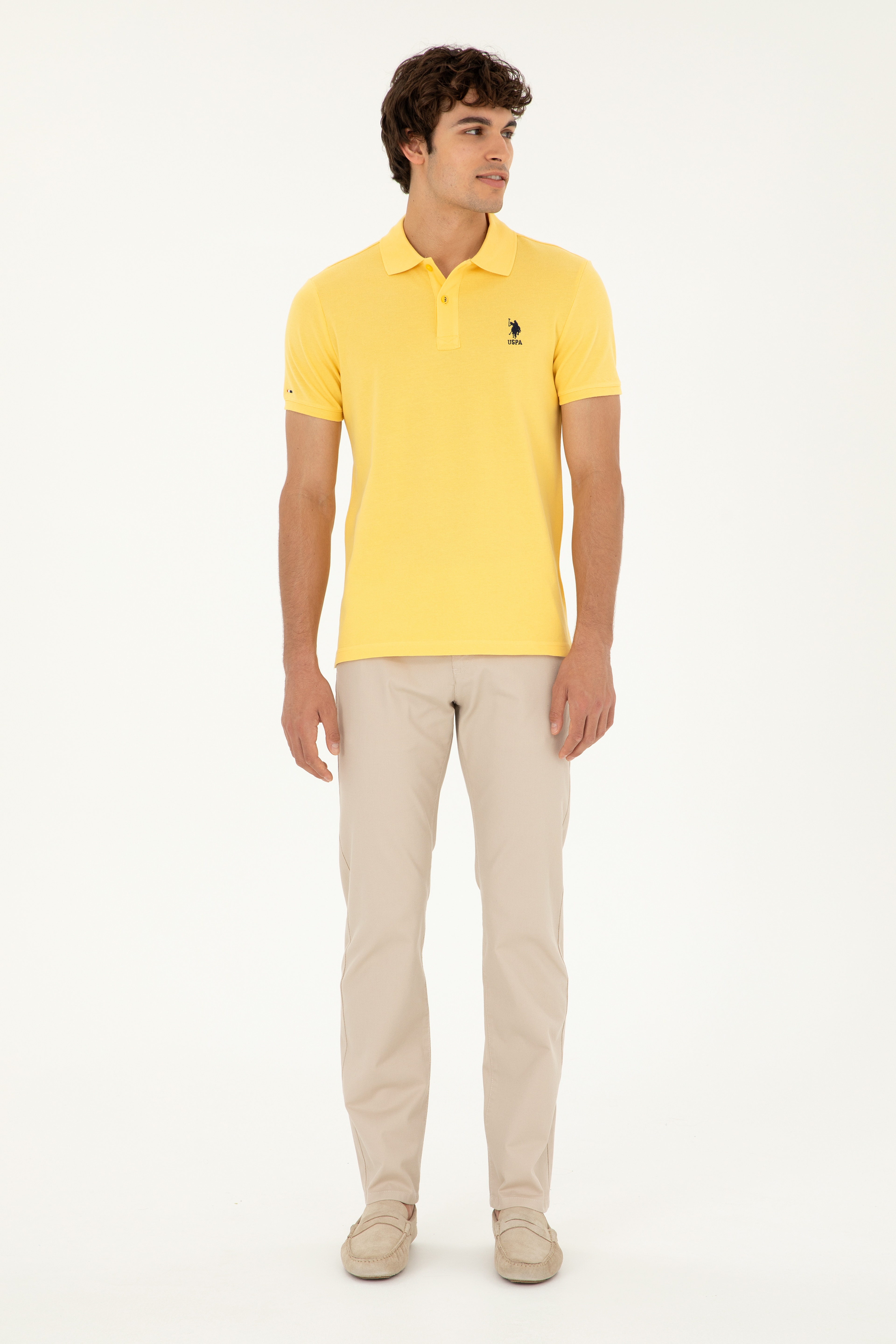 Erkek Slim Fit Polo Yaka Sarı Basic Tişört