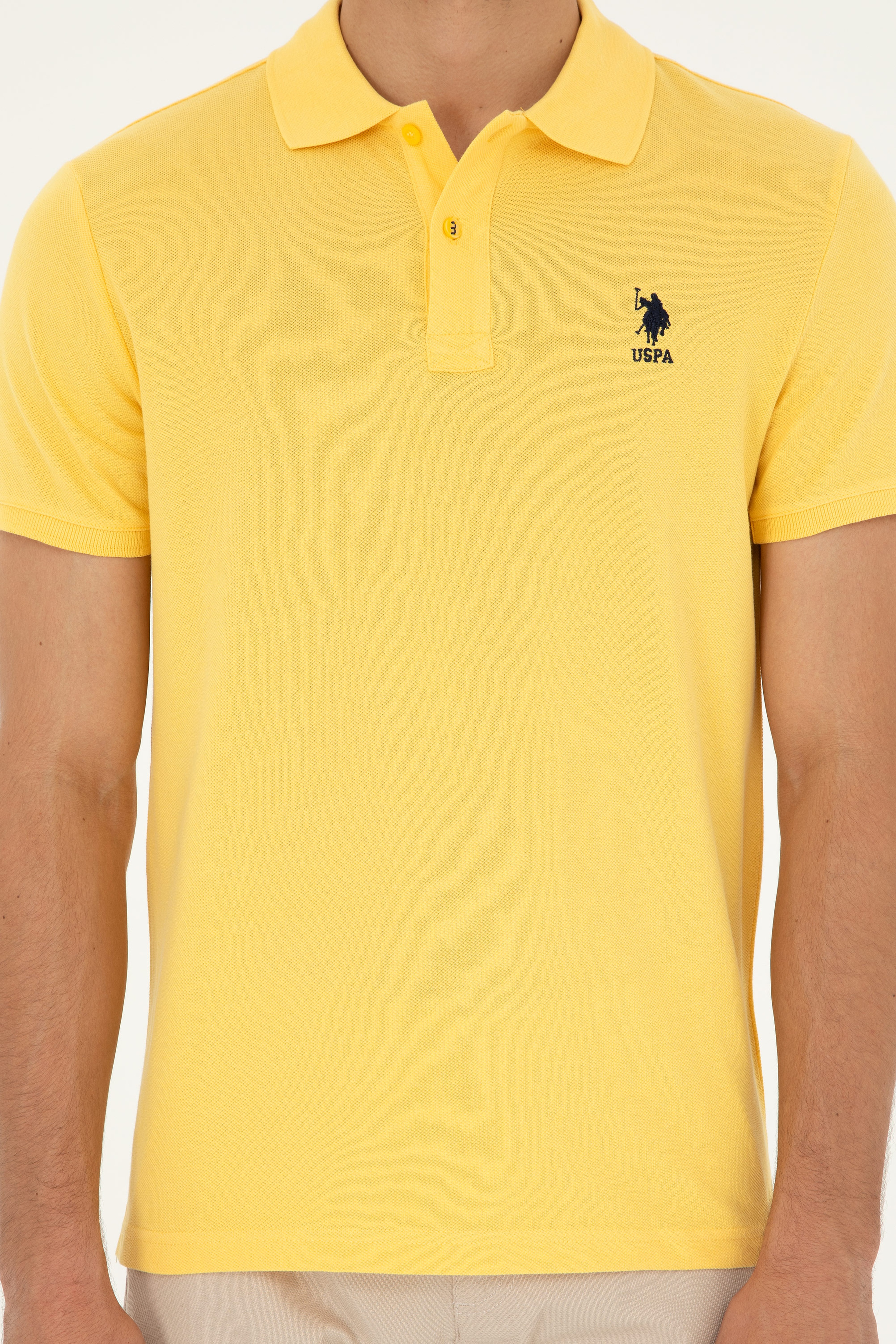 Erkek Slim Fit Polo Yaka Sarı Basic Tişört - Image 6