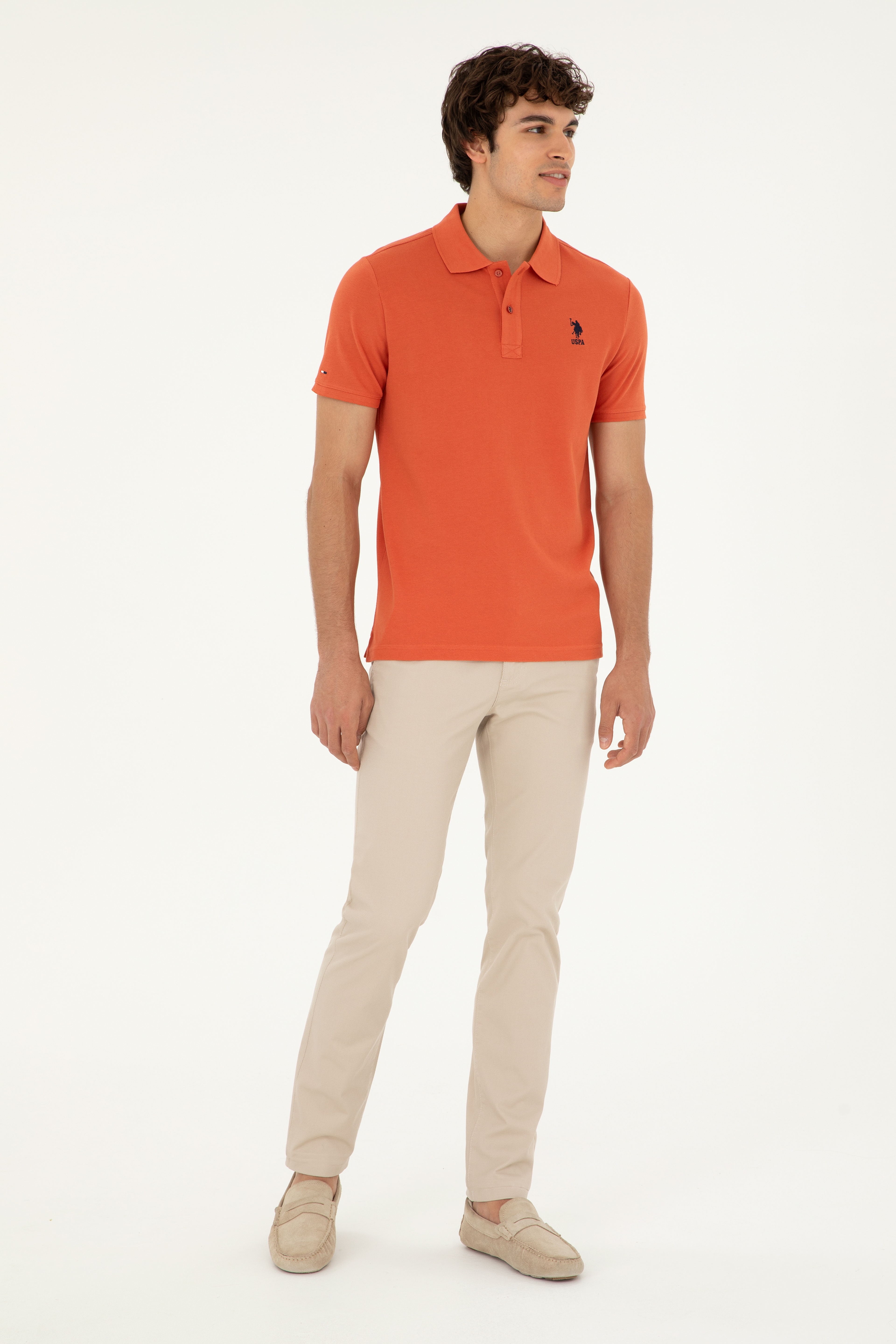 Erkek Slim Fit Polo Yaka Pudra Basic Tişört