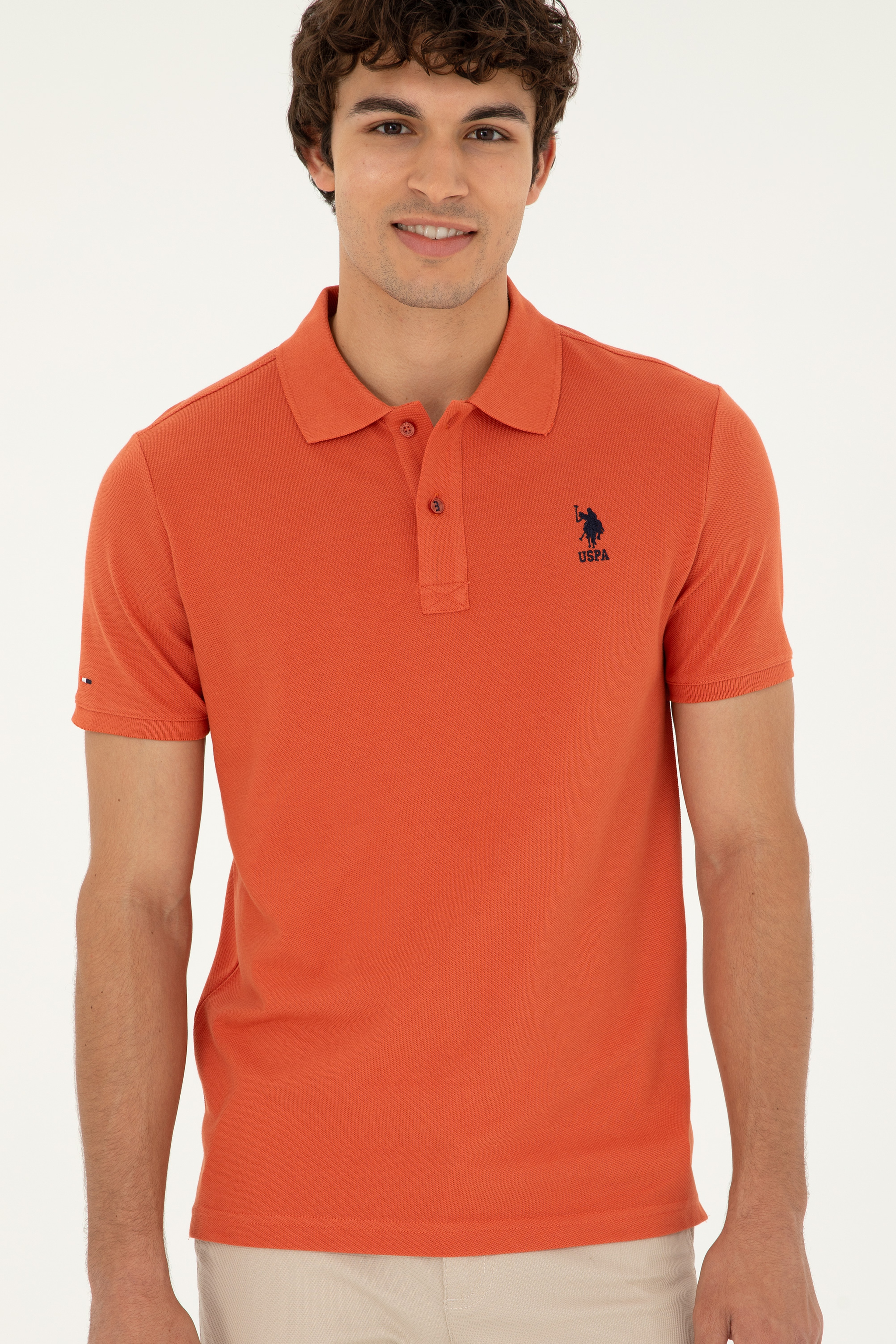 Erkek Slim Fit Polo Yaka Pudra Basic Tişört - Image 3