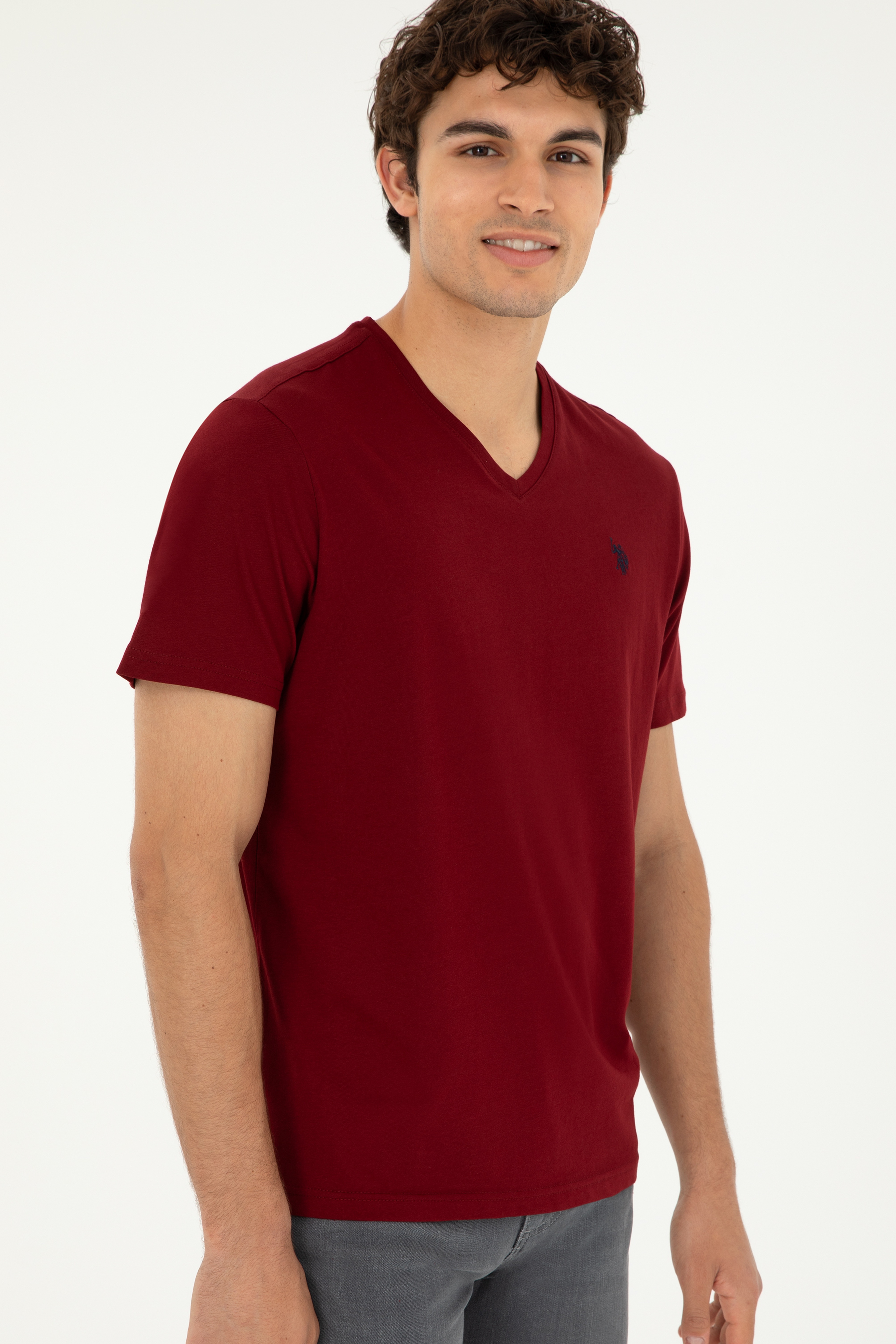 Erkek Regular Fit V Yaka Bordo Basic Tişört