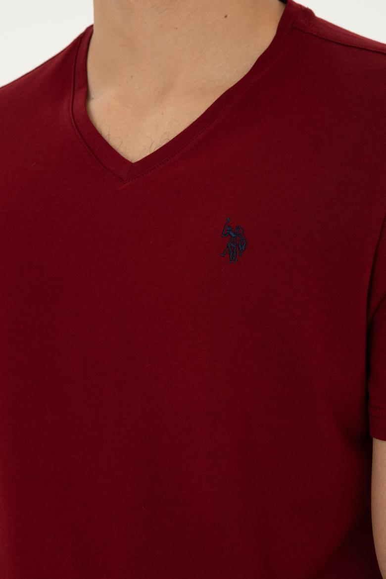 Erkek Regular Fit V Yaka Bordo Basic Tişört - 50279617193