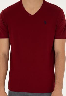 Erkek Regular Fit V Yaka Bordo Basic Tişört - 50279617193