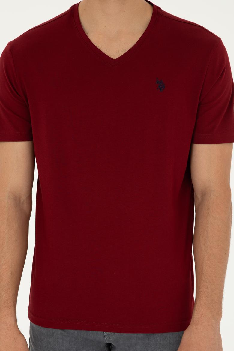 Erkek Regular Fit V Yaka Bordo Basic Tişört - 50279617193