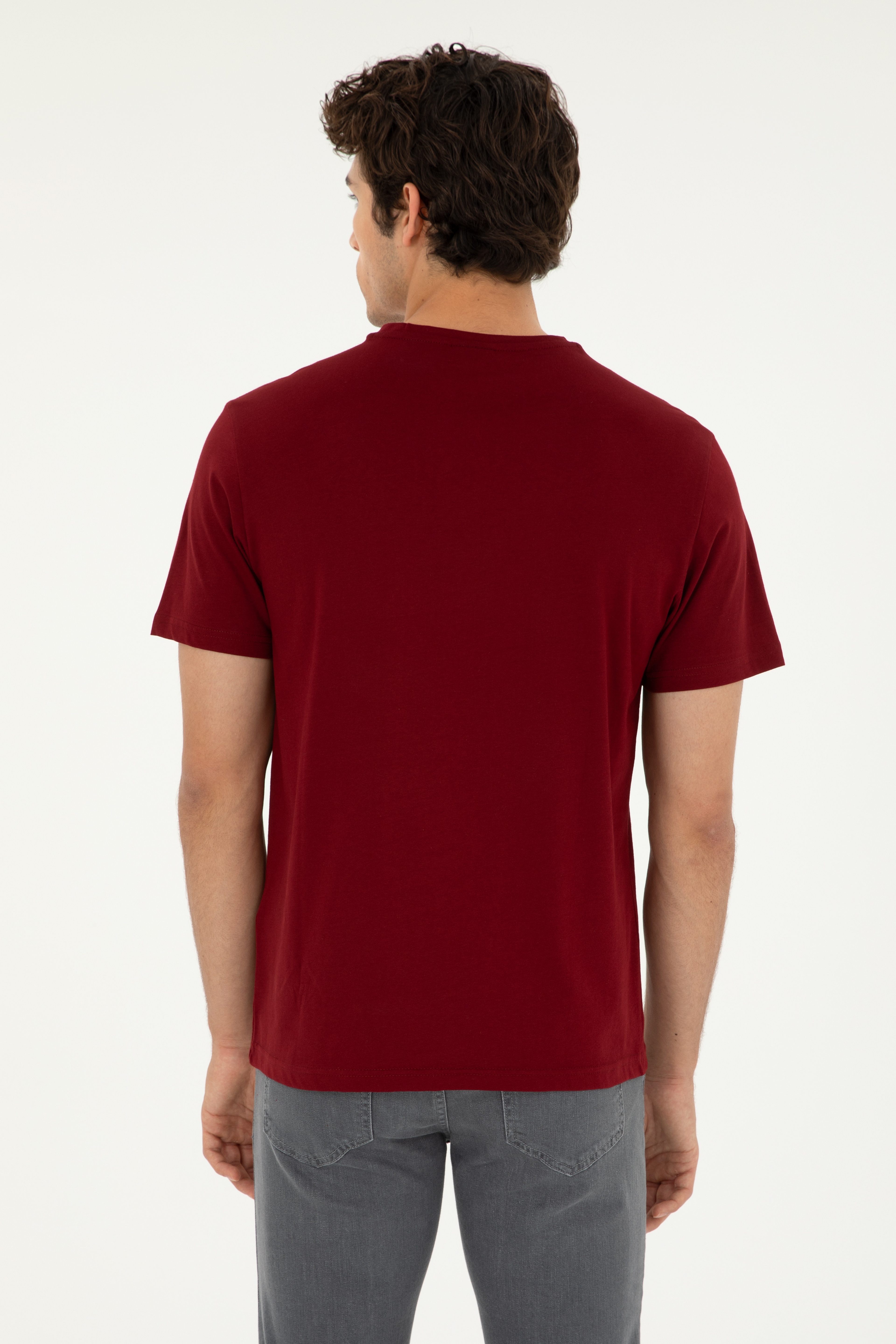 Erkek Regular Fit V Yaka Bordo Basic Tişört - Image 5