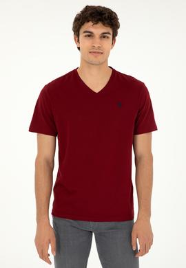 Erkek Regular Fit V Yaka Bordo Basic Tişört - 50279617193