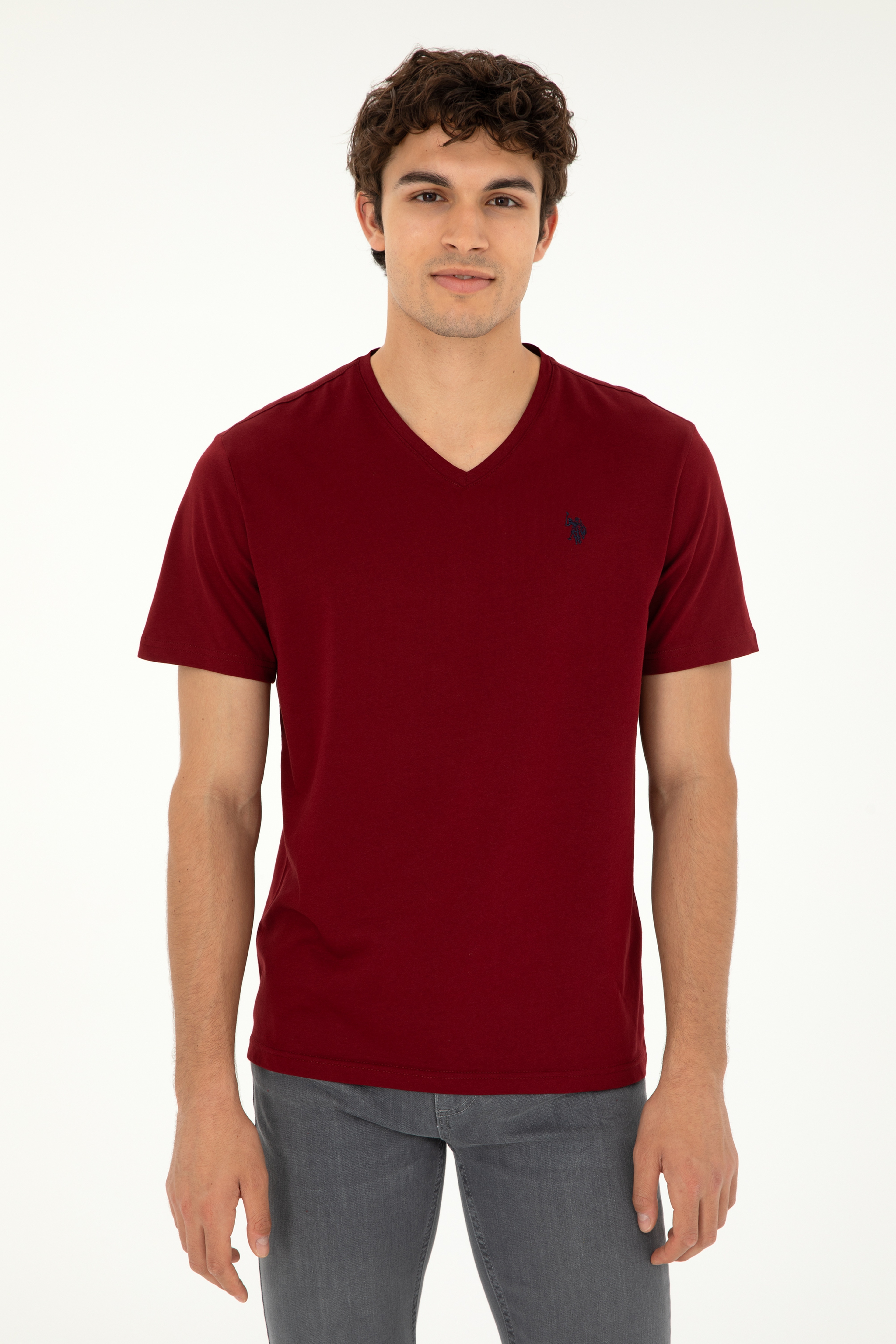 Erkek Regular Fit V Yaka Bordo Basic Tişört - Image 1
