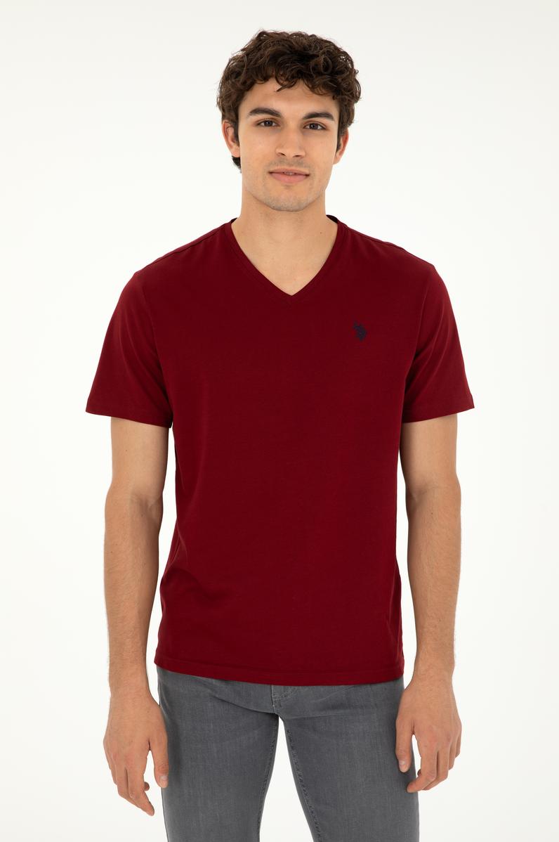 Erkek Regular Fit V Yaka Bordo Basic Tişört
