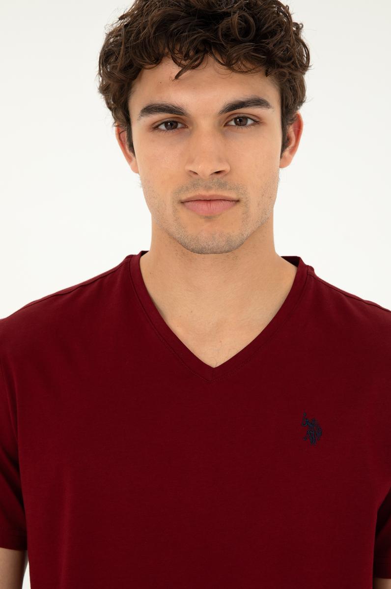 Erkek Regular Fit V Yaka Bordo Basic Tişört