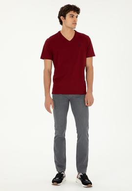 Erkek Regular Fit V Yaka Bordo Basic Tişört - 50279617193