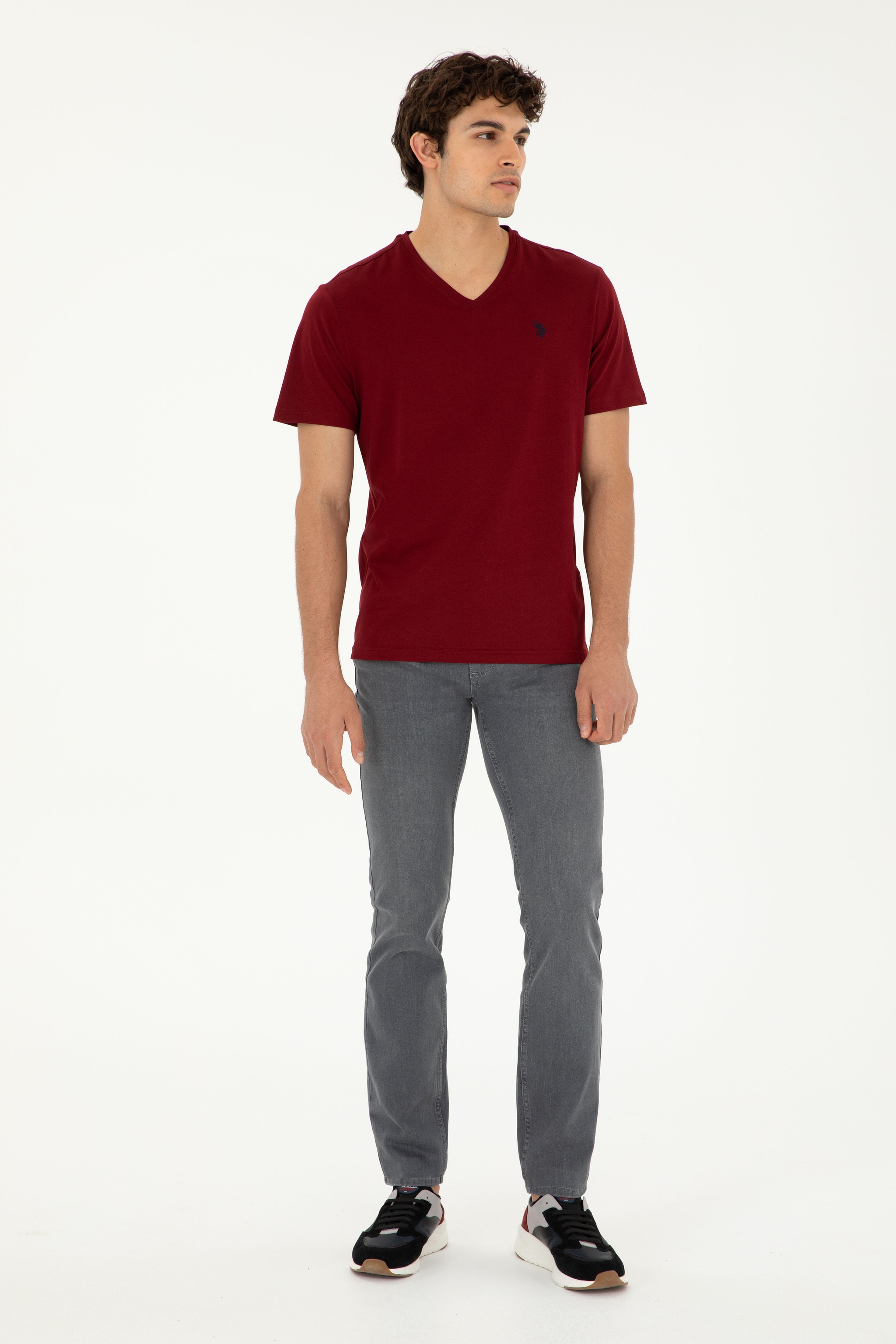Erkek Regular Fit V Yaka Bordo Basic Tişört