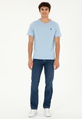 Erkek Regular Fit Bisiklet Yaka Açık Mavi Basic Tişört - 50279632057