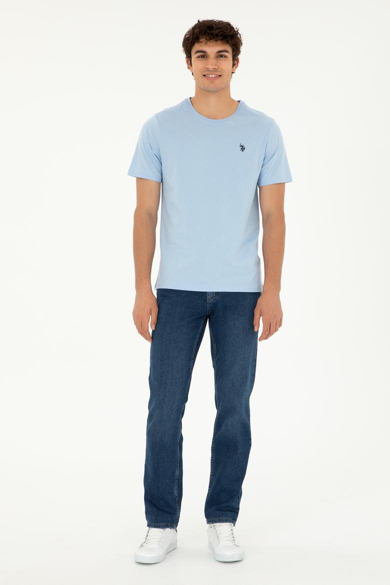 Erkek Regular Fit Bisiklet Yaka Açık Mavi Basic Tişört - 50279632057