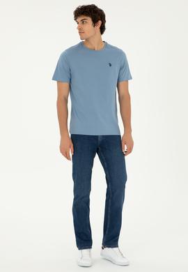 Erkek Regular Fit Bisiklet Yaka İndigo Basic Tişört - 50279632064