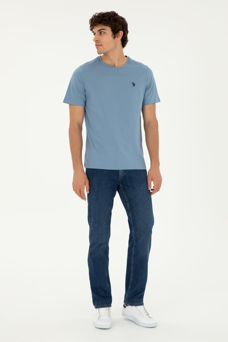 Erkek Regular Fit Bisiklet Yaka İndigo Basic Tişört - 50279632064