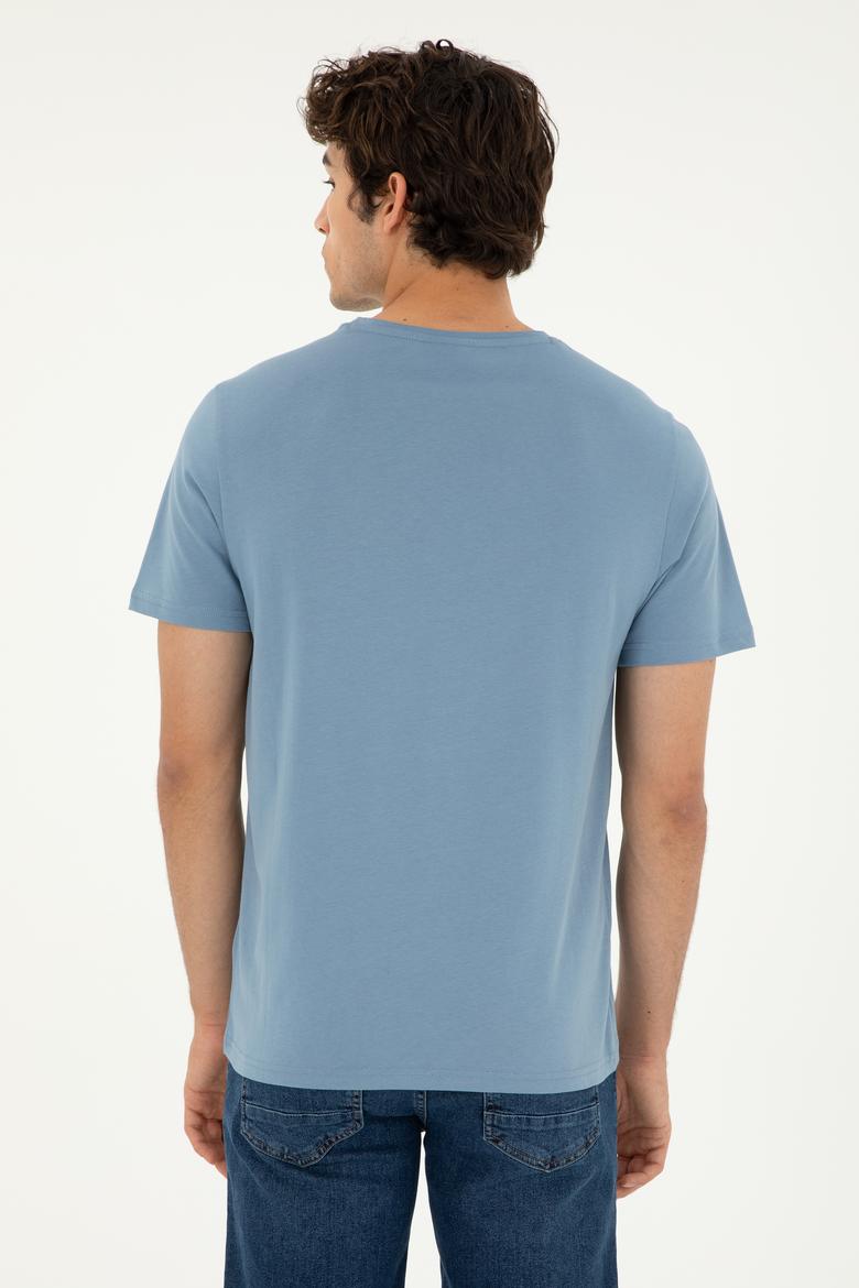 Erkek Regular Fit Bisiklet Yaka İndigo Basic Tişört - 50279632064