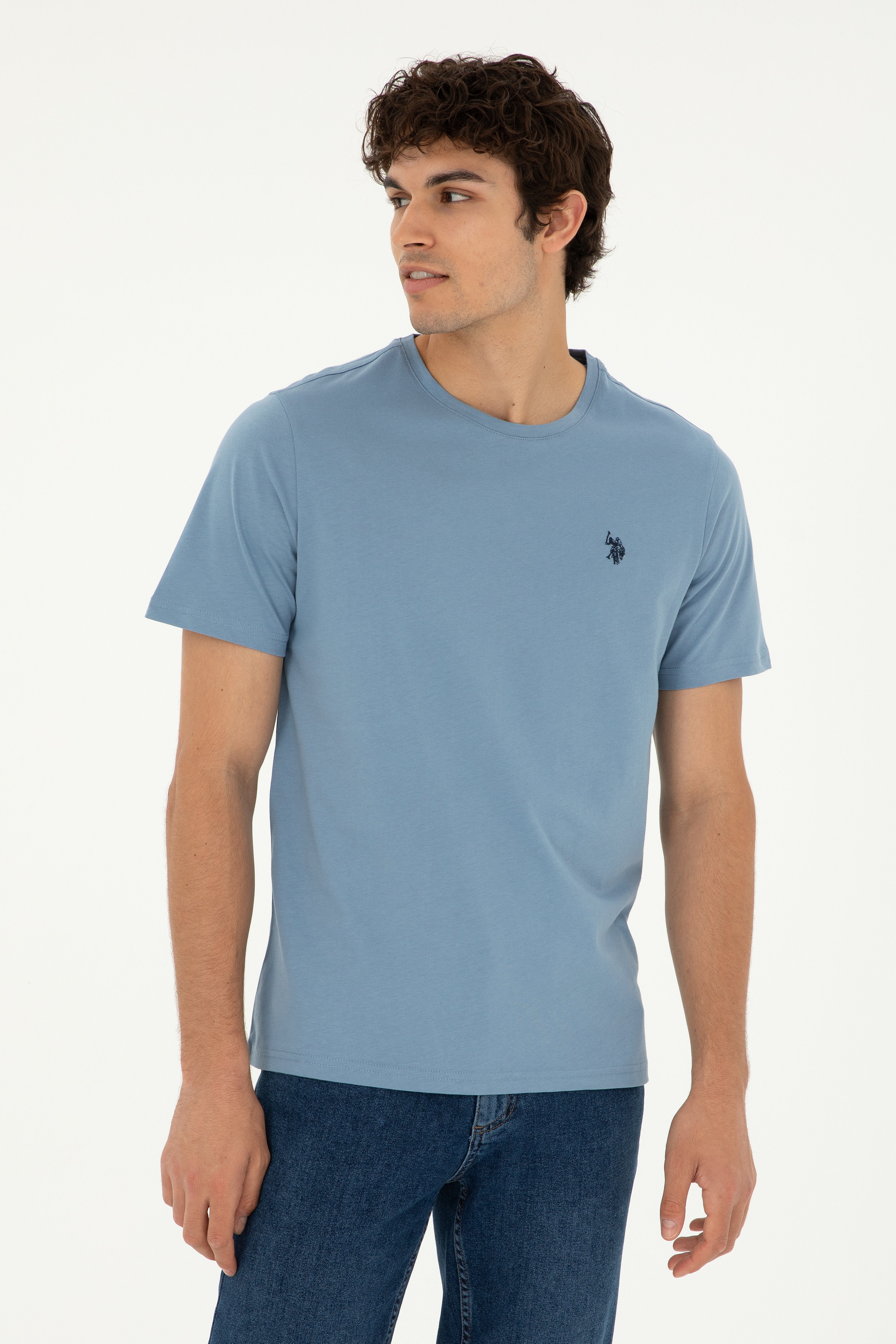 Erkek Regular Fit Bisiklet Yaka İndigo Basic Tişört - Image 1
