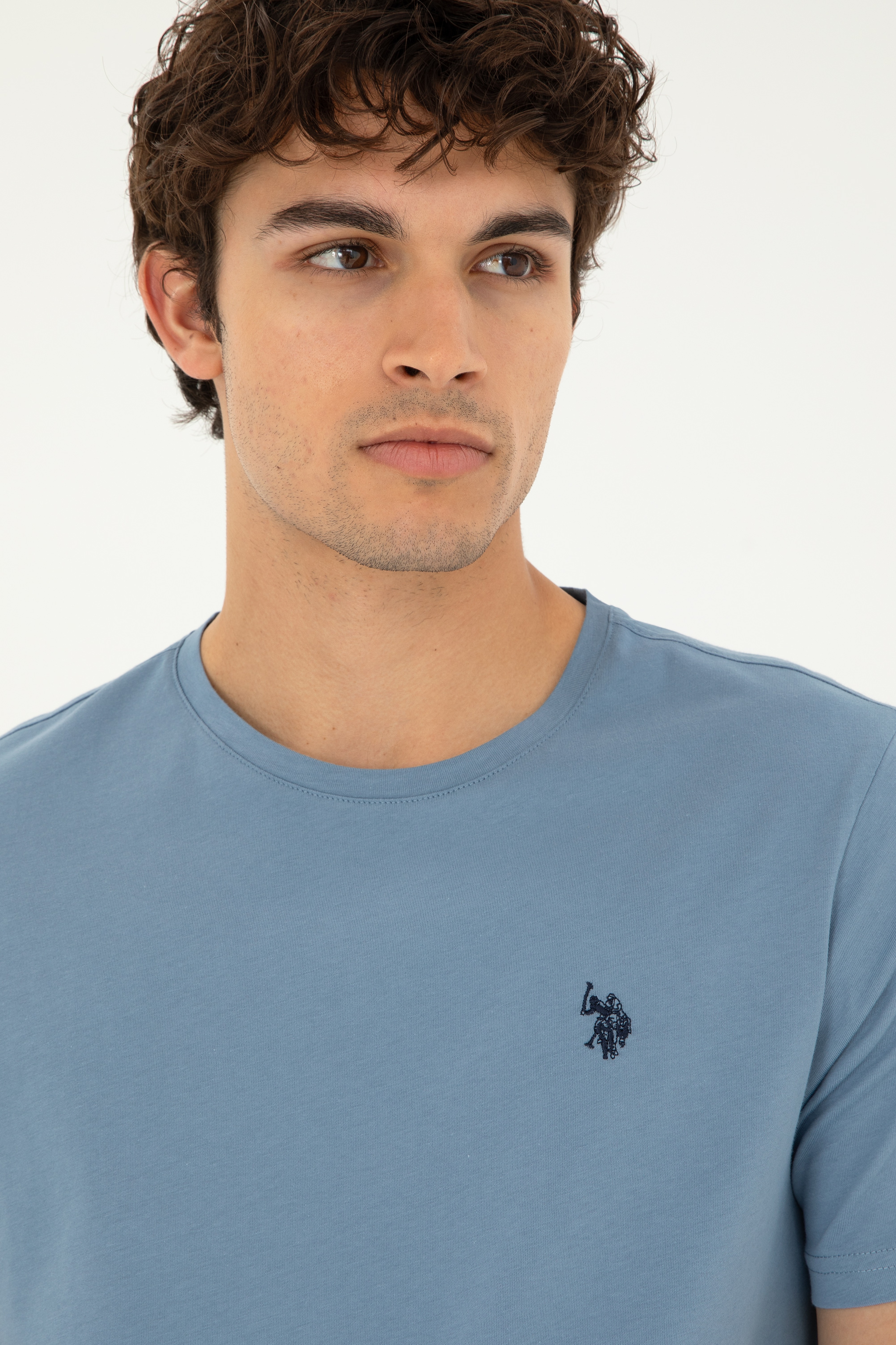 Erkek Regular Fit Bisiklet Yaka İndigo Basic Tişört - Image 2