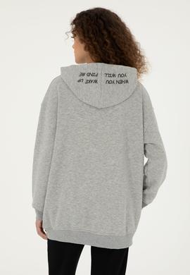 Kadın Gri Melanj Kapüşonlu Sweatshirt - 50297078029