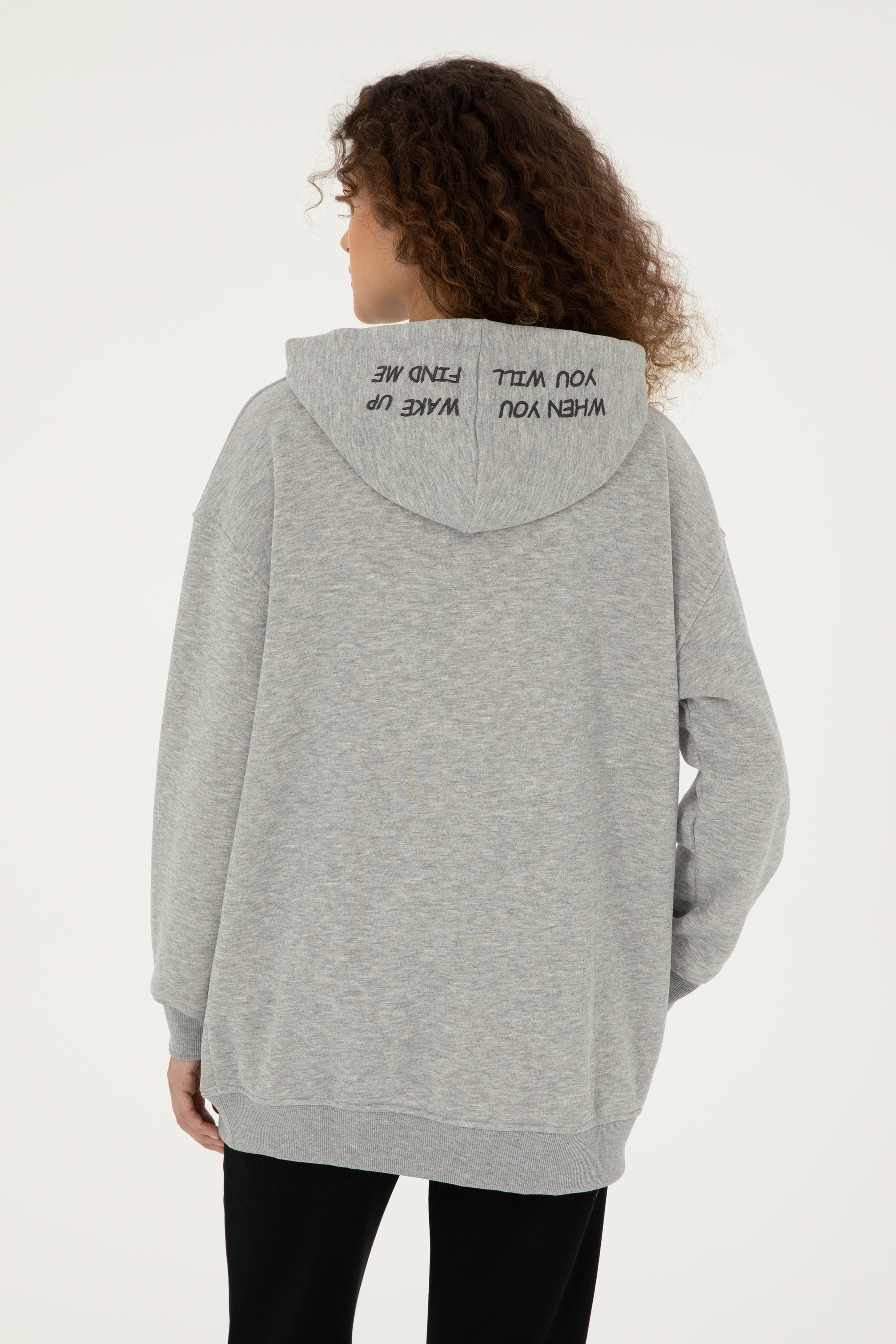 Kadın Gri Melanj Kapüşonlu Sweatshirt - Image 5