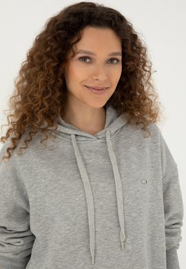 Kadın Gri Melanj Kapüşonlu Sweatshirt - 50297078029