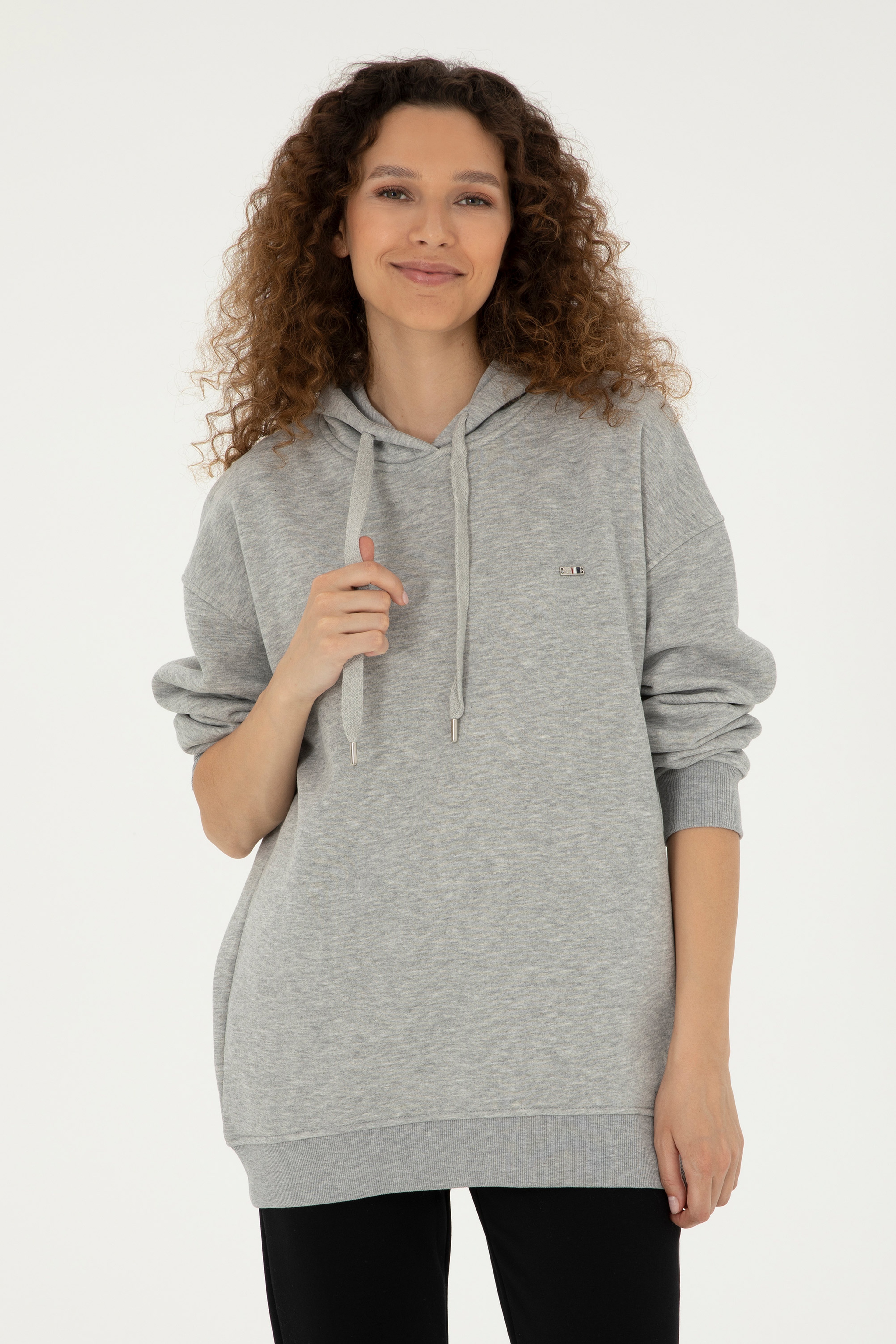Kadın Gri Melanj Kapüşonlu Sweatshirt - Image 1