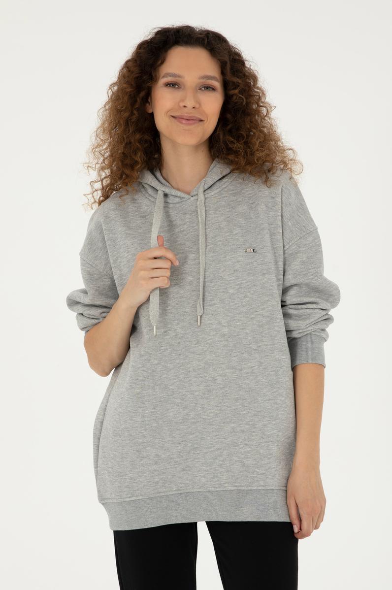 Kadın Gri Melanj Kapüşonlu Sweatshirt