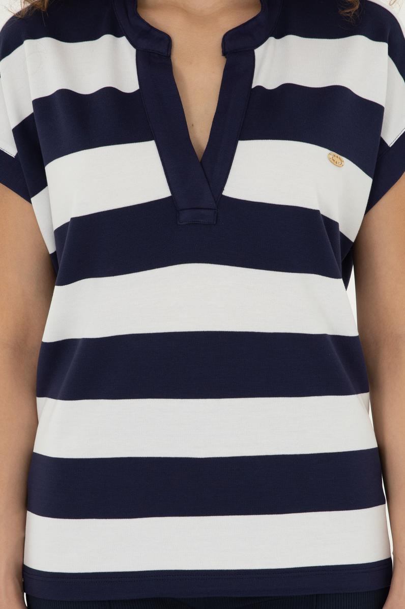 Kadın Lacivert Çizgili Hakim Yaka Tişört