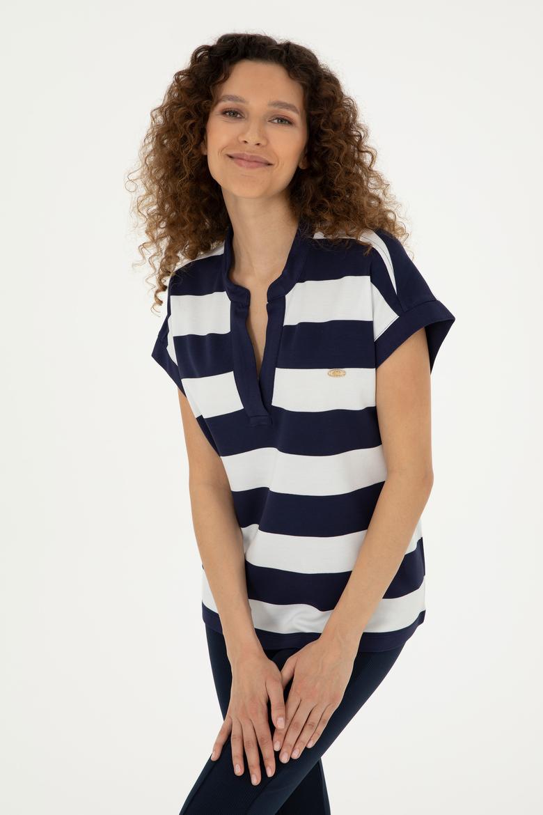 Kadın Lacivert Çizgili Hakim Yaka Tişört - 50281895022
