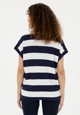 Kadın Lacivert Çizgili Hakim Yaka Tişört - 50281895022