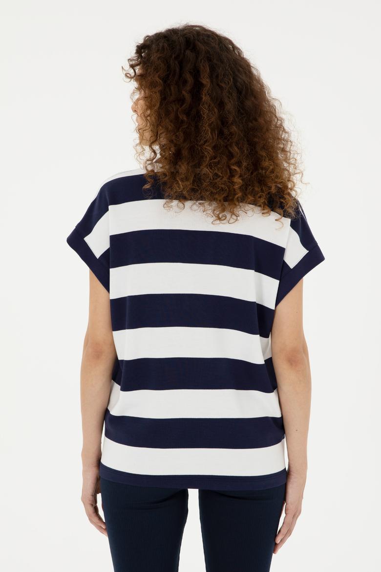 Kadın Lacivert Çizgili Hakim Yaka Tişört - 50281895022