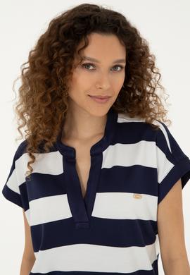 Kadın Lacivert Çizgili Hakim Yaka Tişört - 50281895022