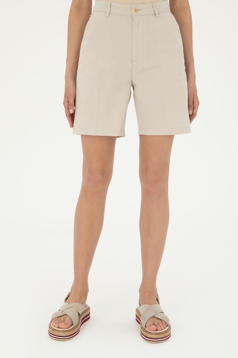 Kadın Taş Keten Görünümlü Dokuma Şort - 50289456009