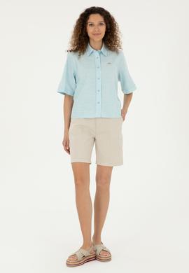 Kadın Taş Keten Görünümlü Dokuma Şort - 50289456009