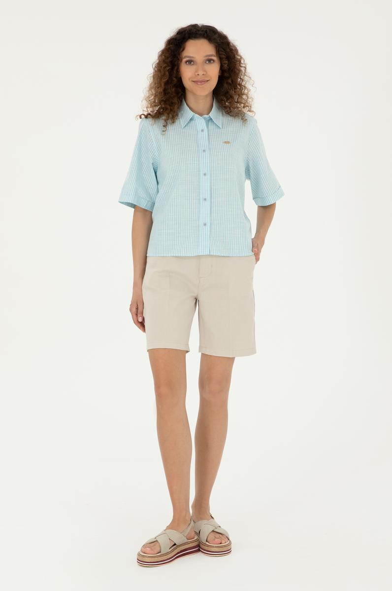 Kadın Taş Keten Görünümlü Dokuma Şort